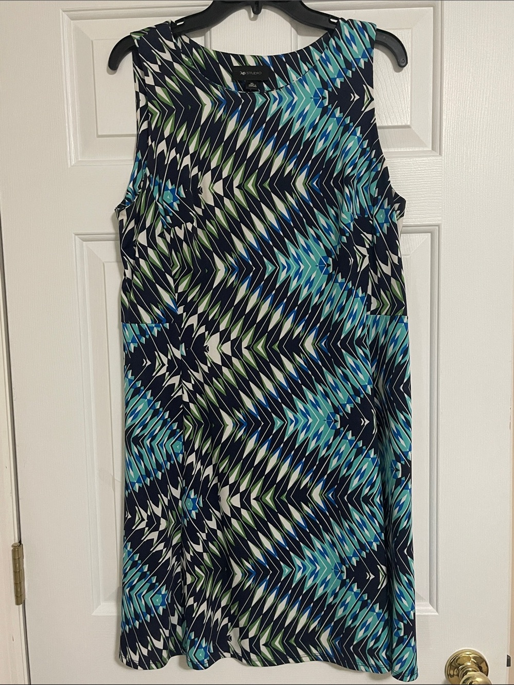 AB Studio Navy, Teal & White Sleeveless Geometric Shift Dress